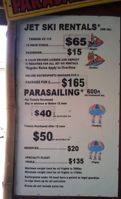 Coconuts Jet Ski and Parasailing Prices